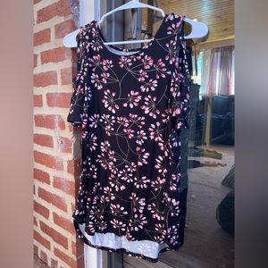 large floral tee with exposed shoulders